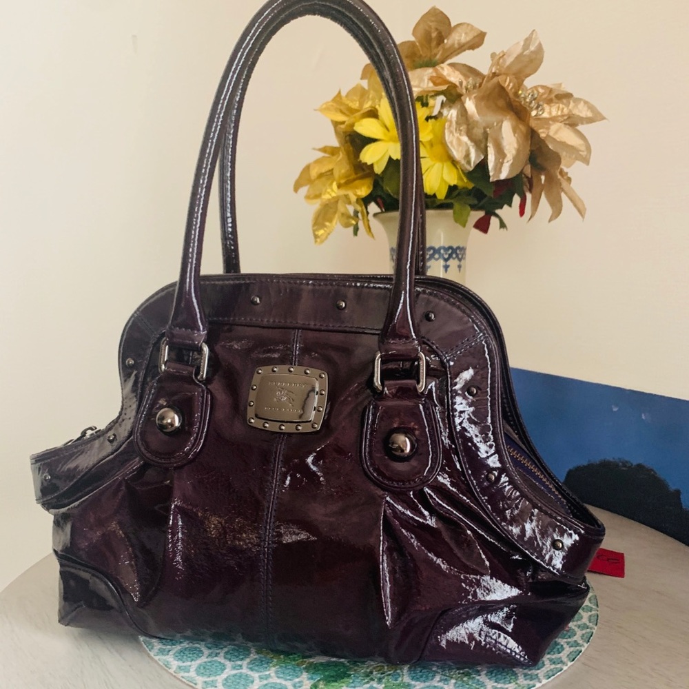 Patent Leather Satchel Handbag in Deep Plum